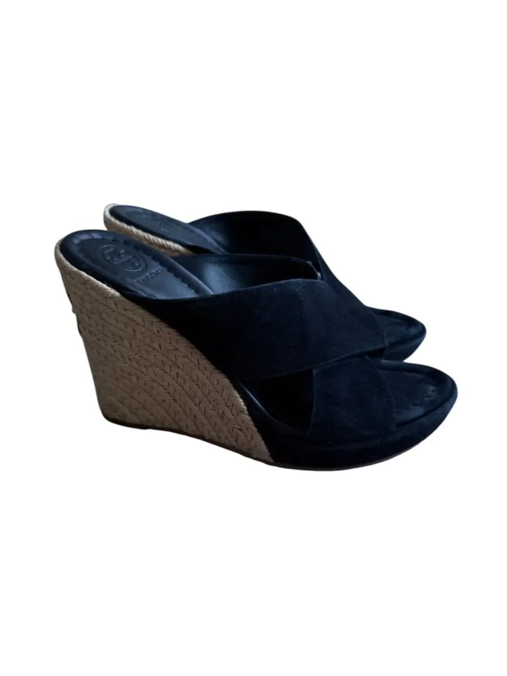 TORY BURCH Black Suede Espadrille Wedges Size 7
